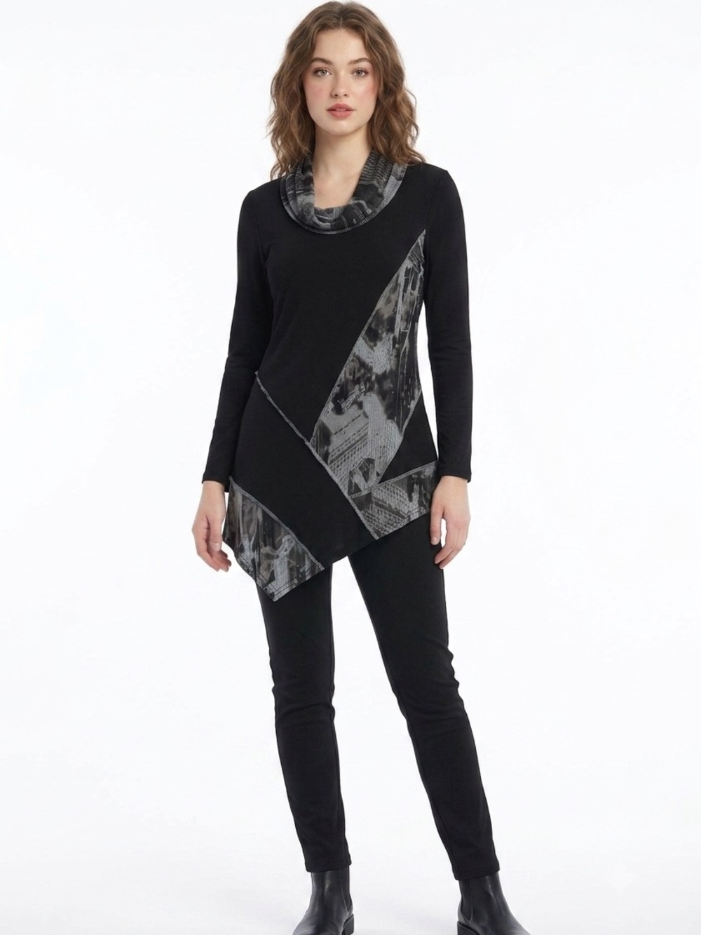 Joseph Ribkoff Abstract Graphic Cowl Neck Long Sleeve Asymmetrical Tunic Top 6